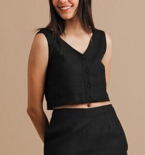 Turn Black Linen Relaxed Crop Top Size XXL Black Minimal Coastal Resort Boho